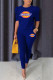 Blue Casual Print Fold O Neck Half Sleeve Two Pieces