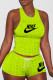 Fluorescent Green Casual Sportswear Embroidery Vests O Neck Sleeveless Two Pieces