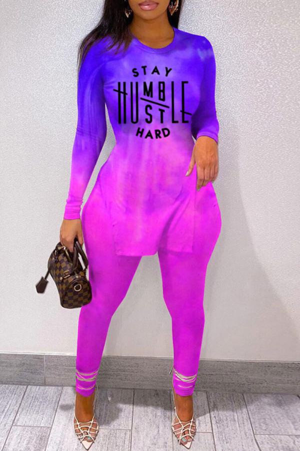 Purple Fashion Casual Print Slit O Neck Long Sleeve Two Pieces