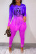 Purple Fashion Casual Print Slit O Neck Long Sleeve Two Pieces