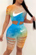 Blue Fashion Casual Letter Print Ripped O Neck Short Sleeve Two Pieces
