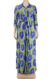 Green Casual Print Split Joint With Belt Turndown Collar Straight Plus Size Dresses