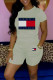 Grey Casual Print Patchwork Pocket O Neck Short Sleeve Two Pieces