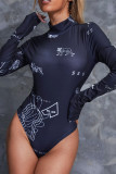 Black Sexy Casual Print Basic Turtleneck Long Sleeve Skinny Romper