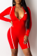 Red Street Print Patchwork Zipper Collar Skinny Rompers