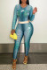Cyan Fashion Street Print Patchwork O Neck Two Pieces