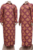 Brown Casual Print Split Joint Buckle Turndown Collar Straight Plus Size Dresses
