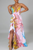 Multicolor Sexy Print Patchwork Backless Flounce Asymmetrical V Neck Sling Dress Dresses