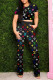 Black Fashion Casual Print Basic O Neck Short Sleeve Two Pieces