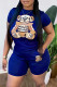 Royal Blue Street Character Print Patchwork O Neck Short Sleeve Two Pieces