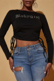 Black Fashion Casual Letter Hot Drilling Bandage O Neck Tops