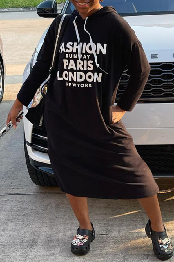 Black White Fashion Casual Print Basic Hooded Collar Long Sleeve Dresses