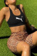 Black Casual Print Leopard Patchwork Spaghetti Strap Sleeveless Two Pieces