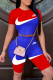 Red Blue Fashion Casual Print Patchwork O Neck Short Sleeve Two Pieces