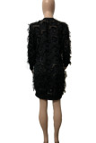 Black Sexy Solid Patchwork Feathers O Neck Straight Dresses