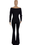 Black Sexy Solid Patchwork With Belt Off the Shoulder Boot Cut Jumpsuits(Contain The Belt)