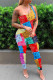 Red Fashion Casual Print Backless One Shoulder Skinny Jumpsuits