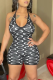 Black Sexy Print Patchwork Halter Skinny Rompers