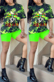 Multicolor Fashion Casual Print Basic O Neck Short Sleeve Two Pieces