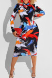 Colour Sexy Print Patchwork Half A Turtleneck One Step Skirt Dresses