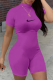 Purple Casual Print Draw String Half A Turtleneck Skinny Rompers