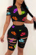 Black Casual Print Hollowed Out Patchwork V Neck Short Sleeve Two Pieces
