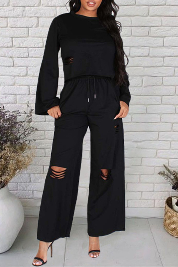 Black Fashion Casual Solid Ripped O Neck Long Sleeve Two Pieces