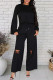 Black Fashion Casual Solid Ripped O Neck Long Sleeve Two Pieces