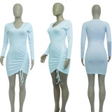 Blue Casual Solid Draw String Frenulum V Neck Long Sleeve Dresses