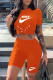 Orange Fashion Casual Letter Print Strap Design O Neck Short Sleeve Two Pieces
