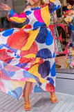 Multicolor Fashion Casual Print With Belt Off the Shoulder Long Sleeve Dresses