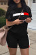Black Fashion Casual Patchwork Basic O Neck Short Sleeve Two Pieces