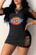 Black Fashion Sexy Print Ripped O Neck Short Sleeve Dress