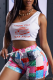 Cream White Casual Print Patchwork One Shoulder Sleeveless Two Pieces