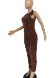 Black Street Solid Patchwork Pocket Zipper O Neck Loose Jumpsuits