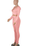 Pink Casual Solid Patchwork Frenulum Hooded Collar Long Sleeve Two Pieces