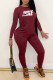 Burgundy Fashion Casual Print Patchwork O Neck Long Sleeve Two Pieces