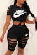 Black Fashion Casual Print Ripped O Neck Short Sleeve Two Pieces
