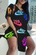 Black Fashion Casual Letter Print Slit V Neck Short Sleeve Two Pieces
