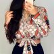 Khaki Fashion Casual Print Strap Design Turndown Collar Tops