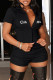 Black Fashion Casual Letter Embroidered Turndown Collar Short Sleeve Two Pieces