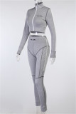 Grey Casual Sportswear Patchwork Basic Zipper Collar Long Sleeve Two Pieces