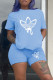 Blue Fashion Casual Print Basic O Neck Short Sleeve Two Pieces