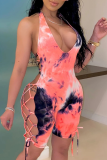 Pink Sexy Patchwork Tie-dye V Neck Skinny Rompers