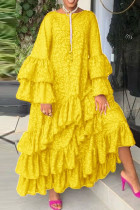 Yellow Fashion Casual Print Split Joint O Neck Long Sleeve Dresses