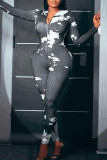 Black Sexy Print Patchwork Zipper Collar Skinny Jumpsuits