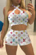 White Fashion Sexy Print Backless Halter Sleeveless Two Pieces