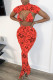 Red Sexy Print Hollowed Out Backless Half A Turtleneck Short Sleeve Two Pieces