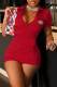 Red Fashion Casual Solid Embroidered Buttons Turndown Collar Skinny Romper