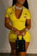 Yellow Fashion Casual Print Embroidered Zipper Collar Skinny Romper